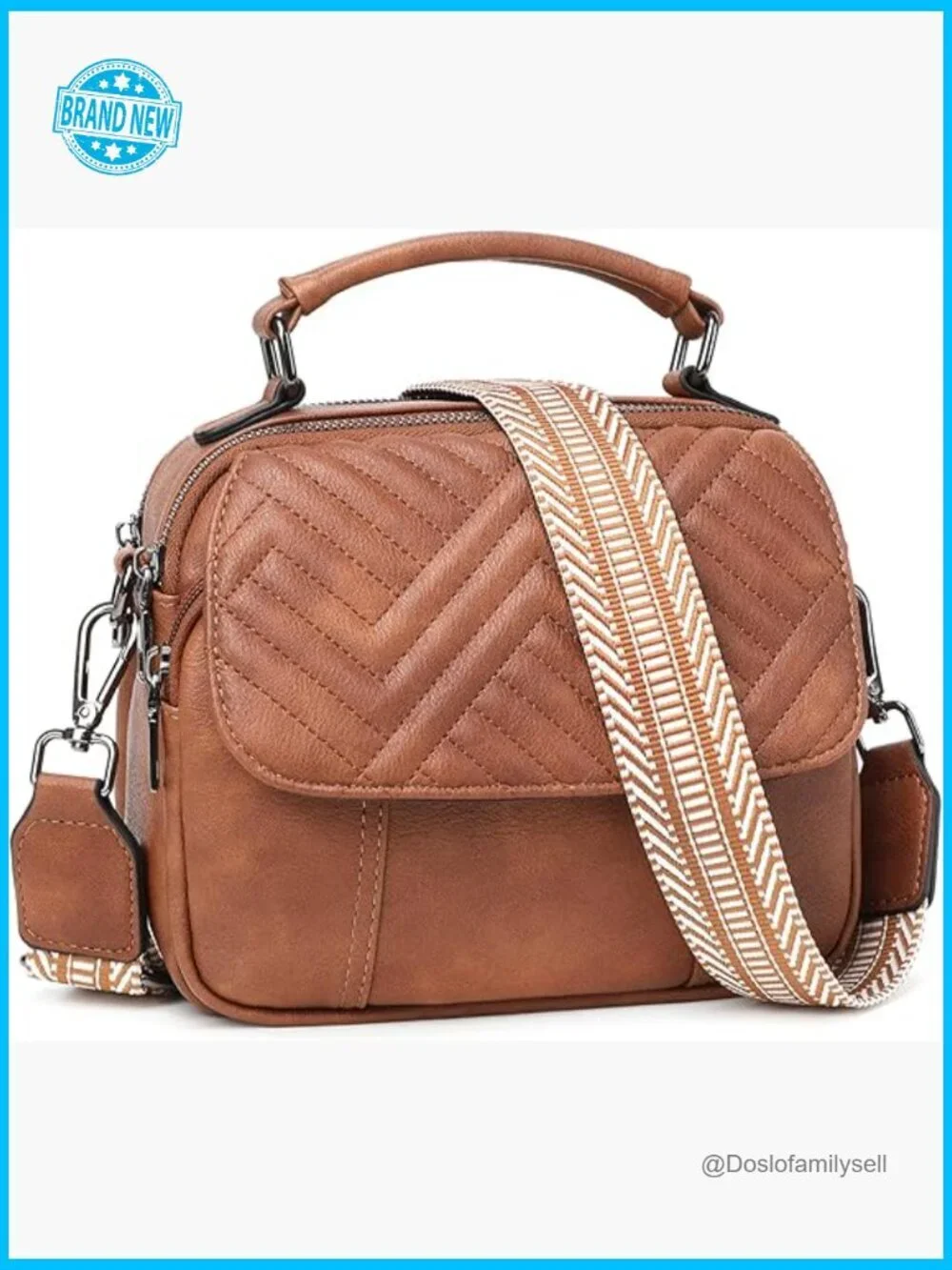 Quilted Vegan Leather Crossbody Bag with Wide Strap and Top Handle